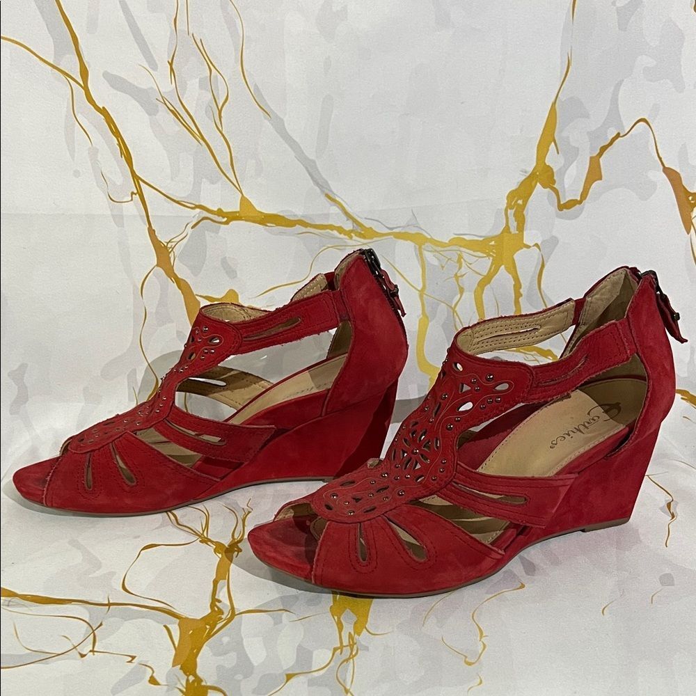 Earthies Red Suede Cutout Wedge Sandals